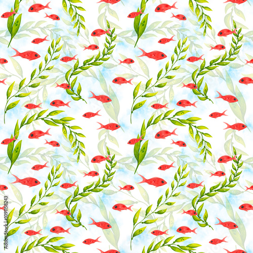 Seamless pattern on a sea theme, intertwining green algae and floating red fish among them. Watercolor illustration hand drawn in a children's style. Drawing for fabric, paper, packaging, postcards