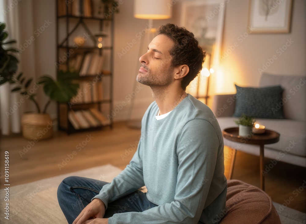 Fototapeta premium A man sits cross-legged on a comfortable cushion, eyes closed and face serene, as he engages in mindfulness meditation. The cozy living room features warm lighting, plants, and a peaceful ambiance tha