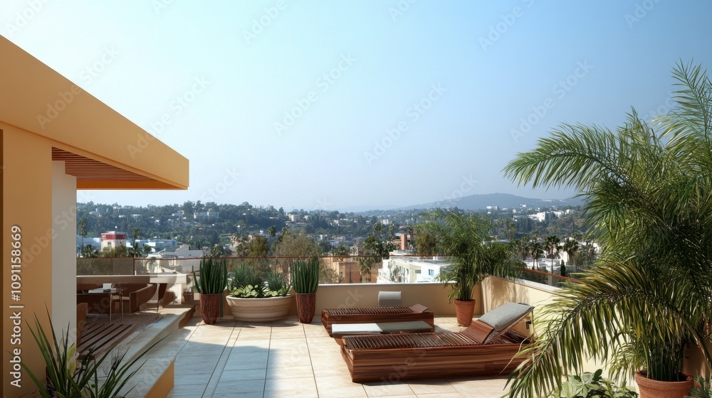 Fototapeta premium Modern Rooftop Terrace with Stylish Lounge Furniture, Lush Greenery, and Scenic Cityscape View Under Clear Blue Sky