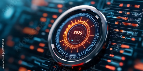 2025 business analytics concept. A futuristic digital display showing the year 2025, highlighted with vibrant orange and blue elements against a dark, technological background.