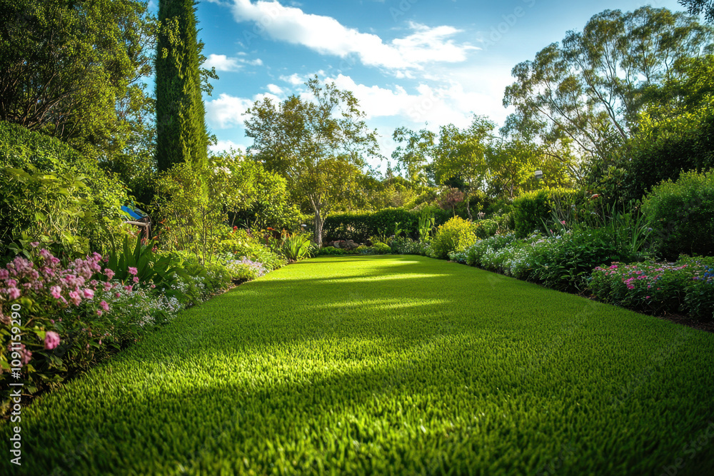 Fototapeta premium Lush green garden with vibrant flowers and a clear blue sky, creating a serene and peaceful atmosphere.