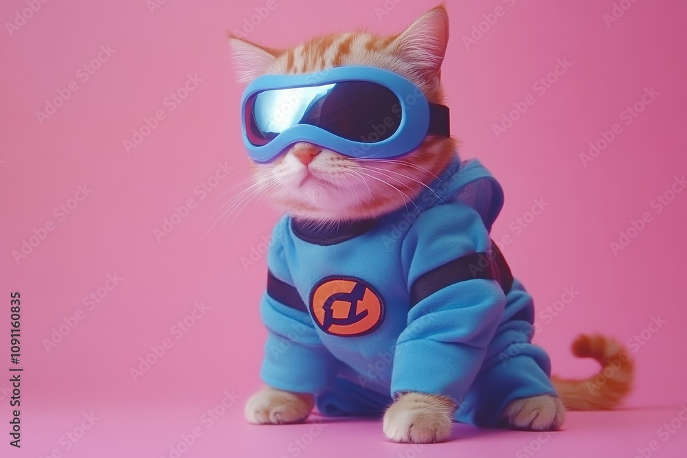 With a blue cloak and mask, the concept of a superhero, super cat, leader. On a pink background. The cat is cute and macho. With a blue cloak and mask, the concept of a superhero, super cat, leader. On a pink background. The cat is cute and macho.