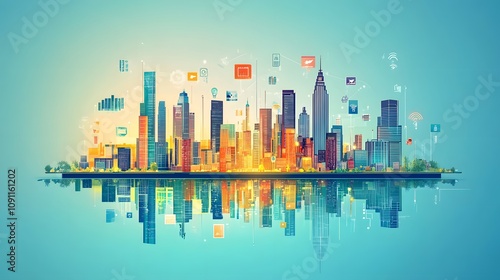 Wallpaper Mural Modern cartoon cityscape with colorful buildings and floating tech icons, depicting a smart city concept with social media symbols and connected urban elements in bright, minimal vector style. Torontodigital.ca