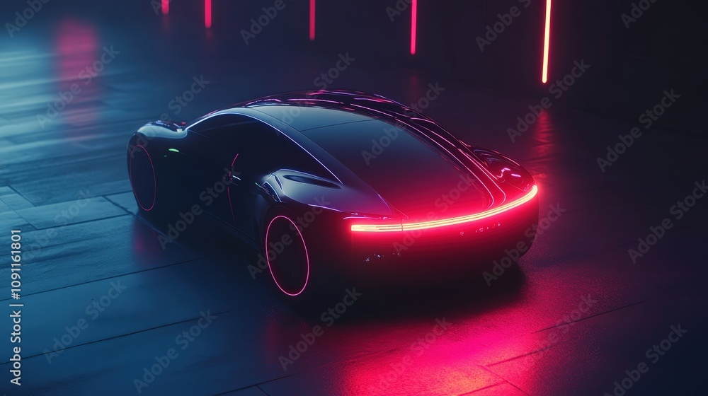 An electric car with glowing LED accents, a smooth, continuous body line, and smart control surfaces, emphasizing simplicity and style An electric car with glowing LED accents, a smooth, continuous body line, and smart control surfaces, emphasizing simplicity and style