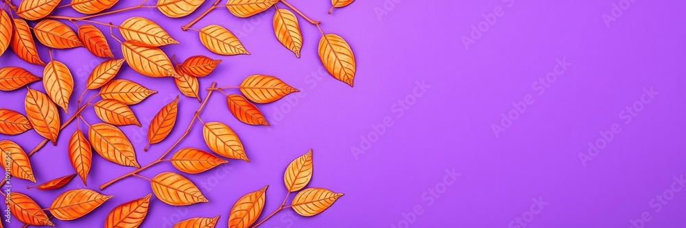Obraz premium Pattern of dry orange metallic leaves on violet background, orange and purple hues, dried flower arrangements, dried flowers