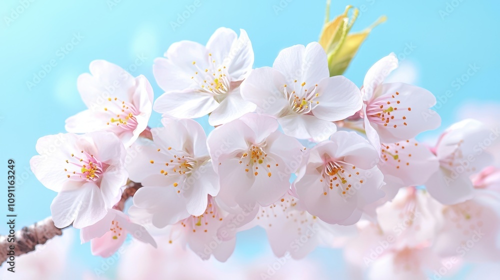 Fototapeta premium Natural macro shot concept of petals with macro lens. Delicate pink cherry blossoms bloom against a serene blue background, evoking a sense of springtime beauty and tranquility