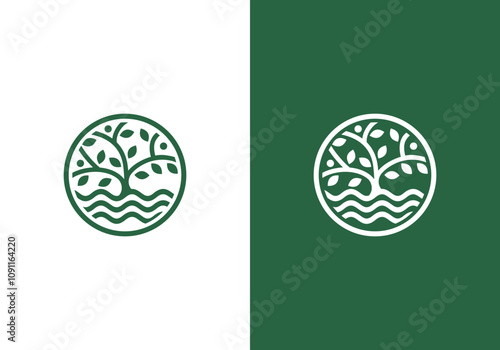 nature line art logo vector design oak tree with water inside circle, abstract tree logo symbol inside circle