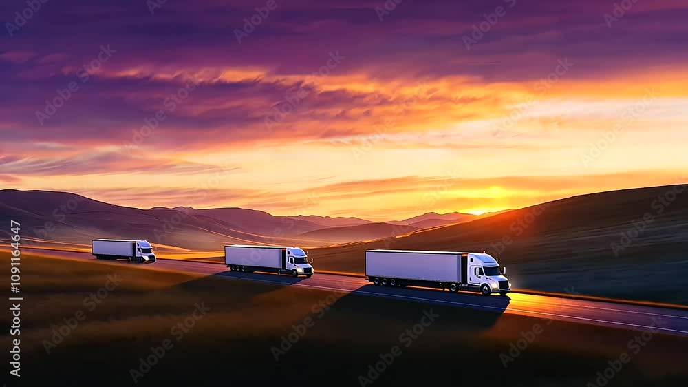White Semi Trailers Driving on Winding Road at Sunset White Semi Trailers Driving on Winding Road at Sunset