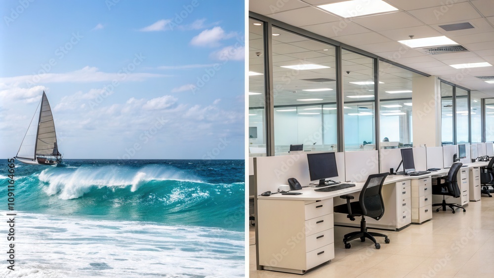 Fototapeta premium A sailboat moves effortlessly across the vibrant blue ocean waves while nearby, a modern office space features rows of desks and computers, highlighting the contrast between leisure and work settings 