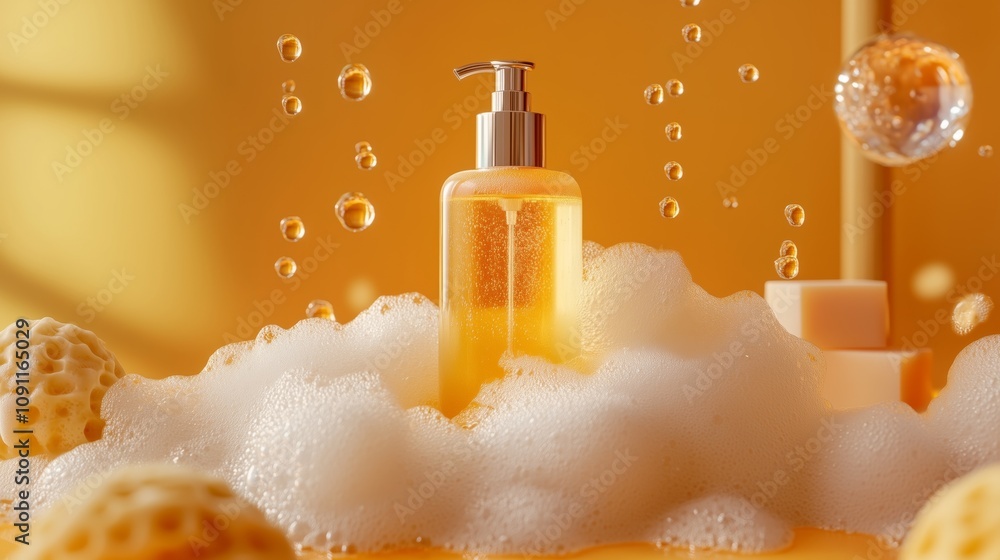 A sleek shower gel bottle atop fluffy foam, surrounded by vibrant soaps in a warm, inviting glow.