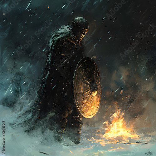 Dark Warrior Standing in Snow Beside Flickering Fire Under Snowy Night Sky, Equipped with Shield and Cloak, Evoking Mystery and Power in Harsh Winter Environment photo