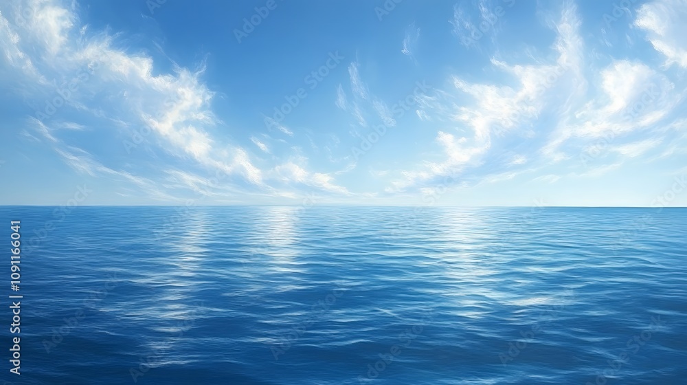 Fototapeta premium Tranquil seascape capturing a perfect mirror reflection of wispy clouds in pristine blue waters, creating&nbsp;a serene panoramic view with soft natural lighting and atmospheric&nbsp;depth.