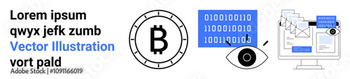 Bitcoin symbol in coin circle, blue binary code, eye with lens, floating emails, computer screen. Ideal for cryptocurrency, cybersecurity, blockchain, data privacy, digital finance, hacking