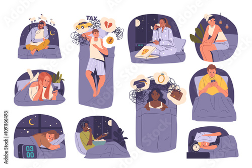 Scene set of young diverse people cartoon characters struggling with sleepless during bedtime