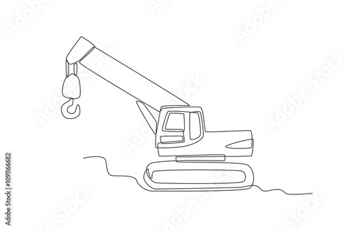 Single continuous line drawing of Crwler crane. Dynamic single line draw design graphic vector illustration.
