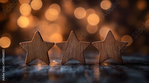 A wooden star rating display featuring four stars against a blurred indoor background, showcasing natural wood grain texture and warm lighting for a professional product review presentation. photo