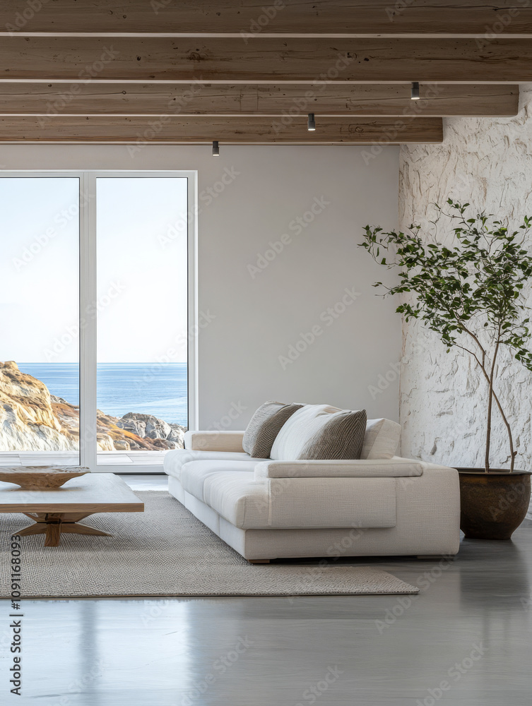 Fototapeta premium Modern living room with ocean view and natural decor in a serene coastal setting