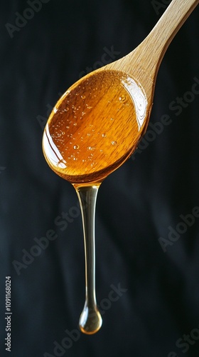 Wallpaper Mural Golden honey dripping from a wooden spoon, captured in mid-air against a dark background. The viscous texture and amber color showcase nature's sweet nectar. Torontodigital.ca