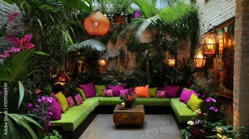 Lush Indoor Garden Oasis with Vibrant Green Cushions and Colorful Decor Surrounded by Exotic Plants and Ambient Lighting for Relaxation and Enjoyment