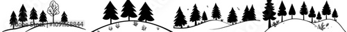 Silhouettes of pine trees. Silhouette of an evergreen coniferous forest, a view of a nature spruce tree park in a modern illustration. Silhouette of coniferous woods.