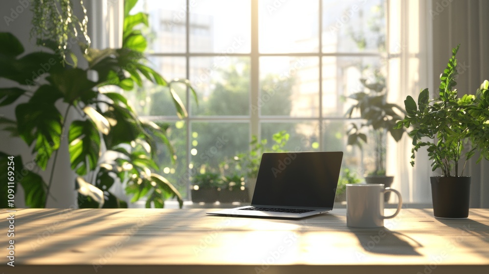 Cozy interior with laptop and coffee cup on wooden table. Green house plants in the background illuminated by the sun through the window. Cozy interior with laptop and coffee cup on wooden table. Green house plants in the background illuminated by the sun through the window.