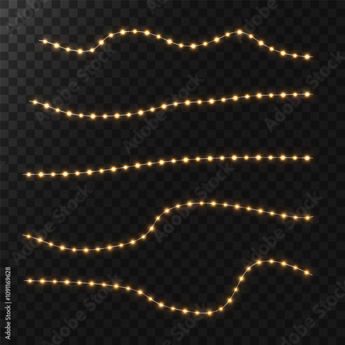 Festive Christmas Gold Garlands with Sparkling Lights: Decorative Elements for Cards, Invitations, and Winter Promotions