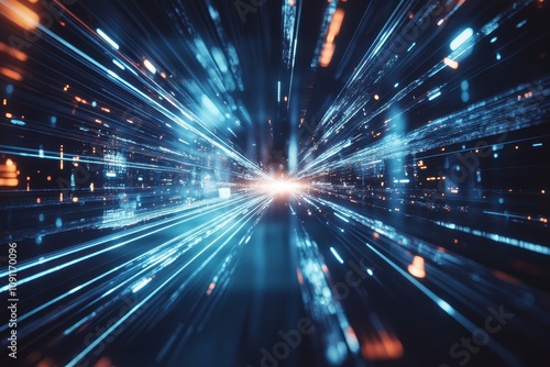 A dynamic visualization of light streaks representing speed and technology.