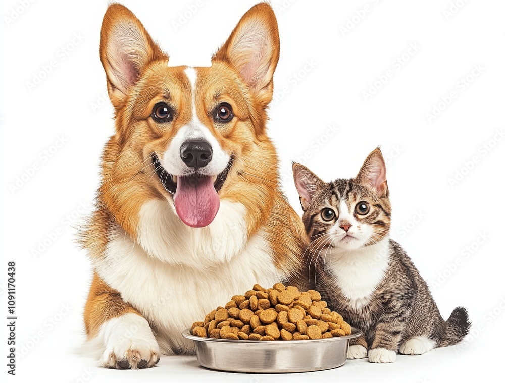 An empty bowl and a hungry dog sitting with a licking lip on a white background. An empty bowl and a hungry dog sitting with a licking lip on a white background.