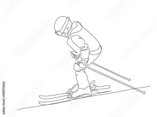 Teenager mountain skier start sliding down hill. Side view. Continuous line drawing. Black and white vector illustration in line art style.