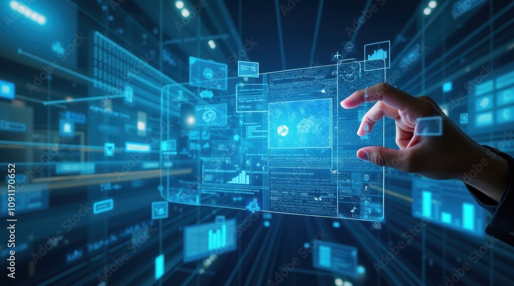 Obraz premium Hand interacting with futuristic digital interface technology