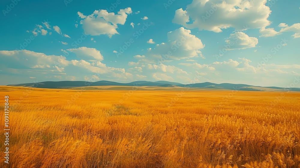 Golden wheat field under a bright blue sky with fluffy clouds and distant hills. Golden wheat field under a bright blue sky with fluffy clouds and distant hills.