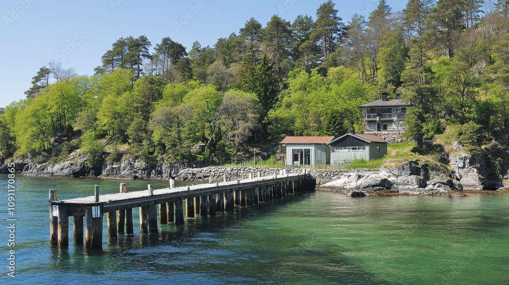 Tranquil Waterfront View Featuring a Wooden Pier, Lush Greenery, and Rustic Cottages on a Clear Sunny Day by a Serene Lakeside Landscape Tranquil Waterfront View Featuring a Wooden Pier, Lush Greenery, and Rustic Cottages on a Clear Sunny Day by a Serene Lakeside Landscape