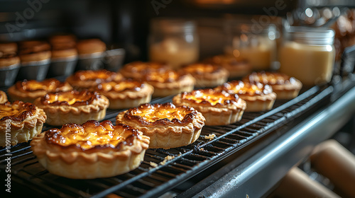 Row of butter tarts baking in an oven golden and caramelizing sugar and butter placed in jars on the side with pie molds and rolling pins ready for another round photo