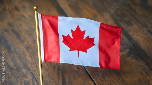 Small Canadian Flag on Wooden Table with Detailed Fabric Texture and Vibrant Red and White Colors for Promotional or Educational Purposes photo