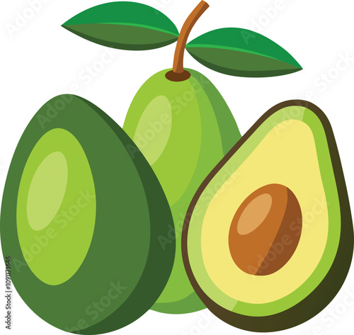 fresh whole and half avocado Flat Design Fruit Icon, isolated on white background. The concept of healthy Organic food. Cartoon style seamless pattern.