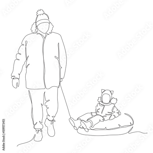 Man pulling tube with girl wearing hat with ears. Family time in winter season. Continuous line drawing. Black and white vector in line art style.