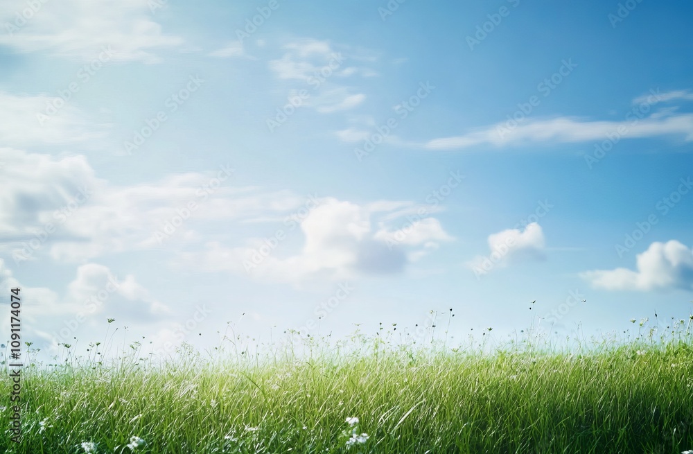 Green grass and blue sky A wide, grassy field under the clear, blue sky, with tall, green grass swaying gently in the breeze. The background is a serene and open landscape that creates an atmosphere Green grass and blue sky A wide, grassy field under the clear, blue sky, with tall, green grass swaying gently in the breeze. The background is a serene and open landscape that creates an atmosphere