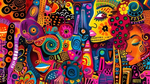 Abstract Colorful Faces and Patterns Art