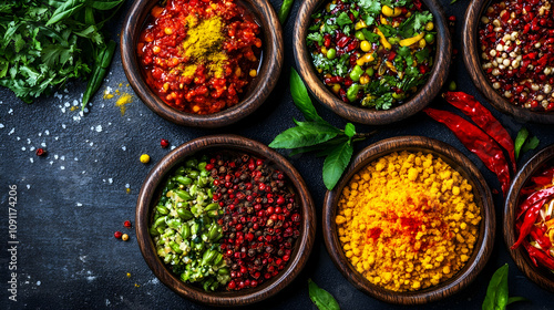 Colorful Display of Spices and Herbs in Wooden Bowls on a Dark Stone Surface for Culinary and Cooking Inspiration in a KitchenSetting photo