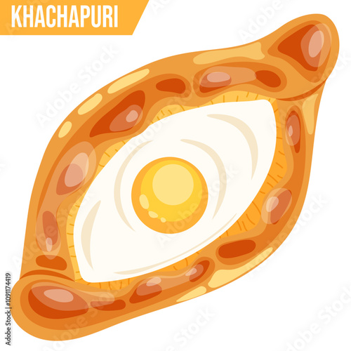 Khachapuri Top View. Georgian Cheese Bread with egg Isolated 
