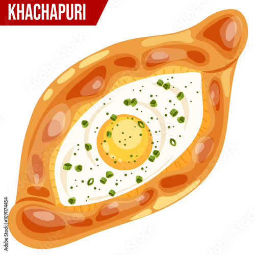 Khachapuri with Egg and Green Onions - Top View Georgian Cheese Bread Illustration 