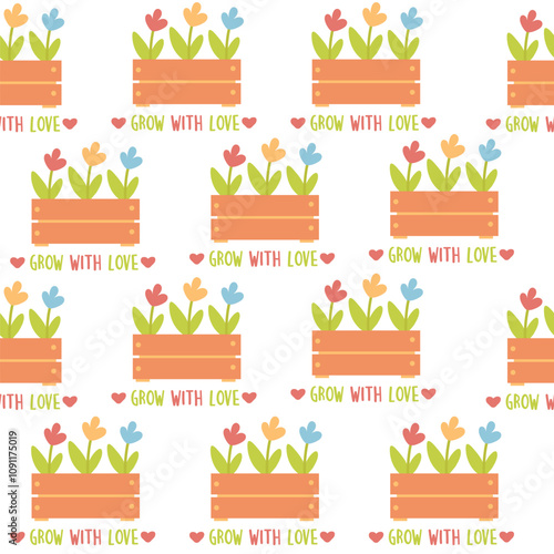 Seamless pattern of tulip seedlings with inscription