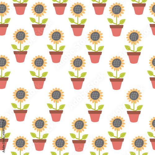 Seamless pattern of sunflower in a pot