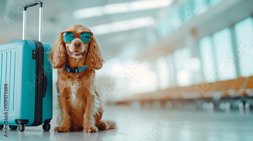 stylish dog wearing sunglasses sits next to blue suitcase in airport terminal, exuding cheerful and adventurous vibe