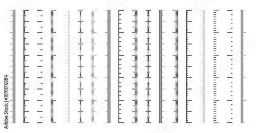 Vertical measurement scales with divisions. Realistic scale for measuring length or height in centimeters, millimeters or inches. Ruler, tape measure marks, size indicators. Vector illustration