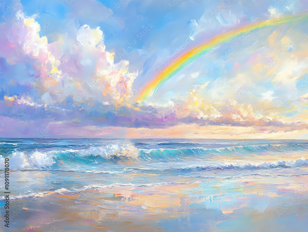 Rainbow Background Landscape and Image - A vibrant seascape featuring waves, a rainbow, and colorful clouds reflecting in the water. Rainbow Background Landscape and Image - A vibrant seascape featuring waves, a rainbow, and colorful clouds reflecting in the water.
