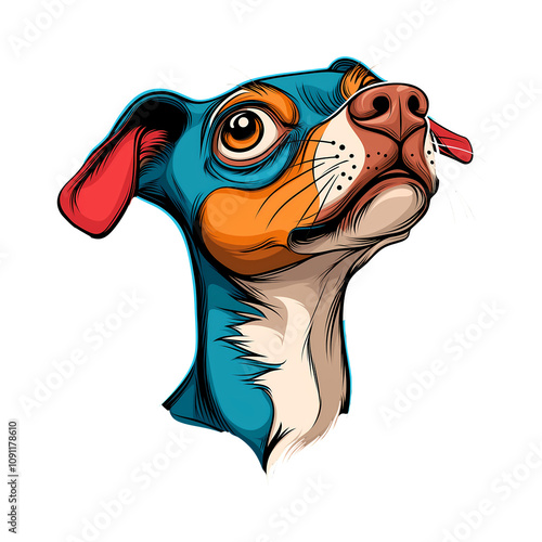 colorful illustration of dog with vibrant blue coat and expressive features