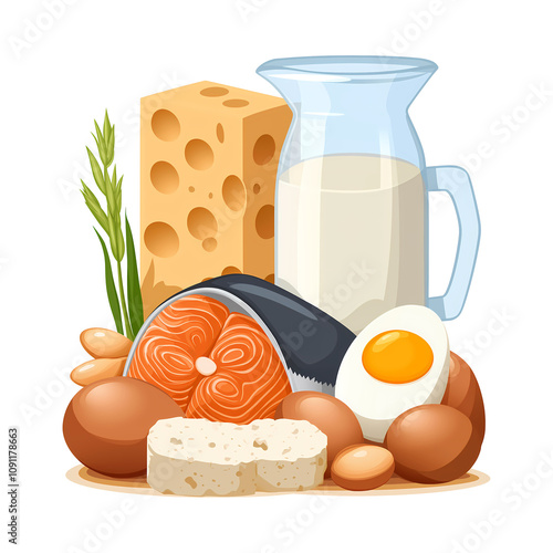 Fresh dairy and protein foods arranged beautifully, showcasing variety