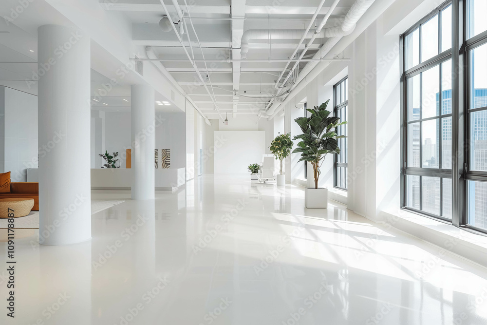 Fototapeta premium A sleek and modern white and open space office with a spacious and tidy aesthetic. Has minimalist furnishings in a bright and airy atmosphere with large windows and white walls
