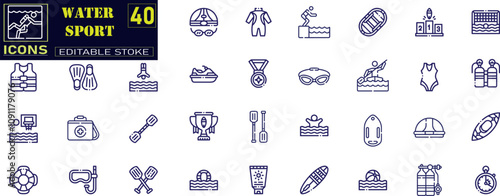 Set of Water Sport Related Vector Line Icons.